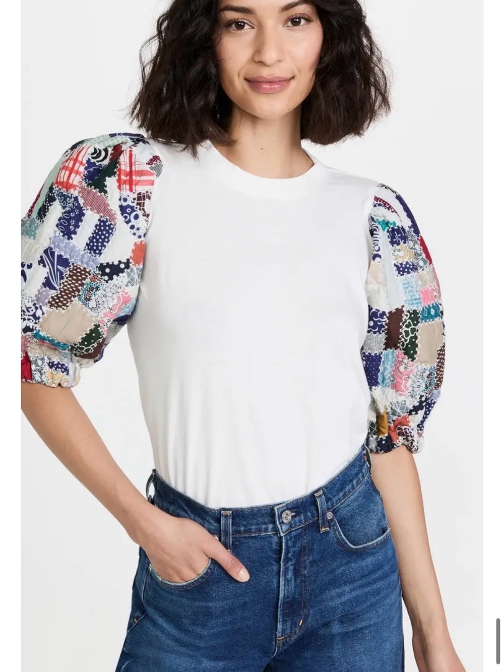 Sea New York White Tee with Multicolor Patchwork Puff Sleeves